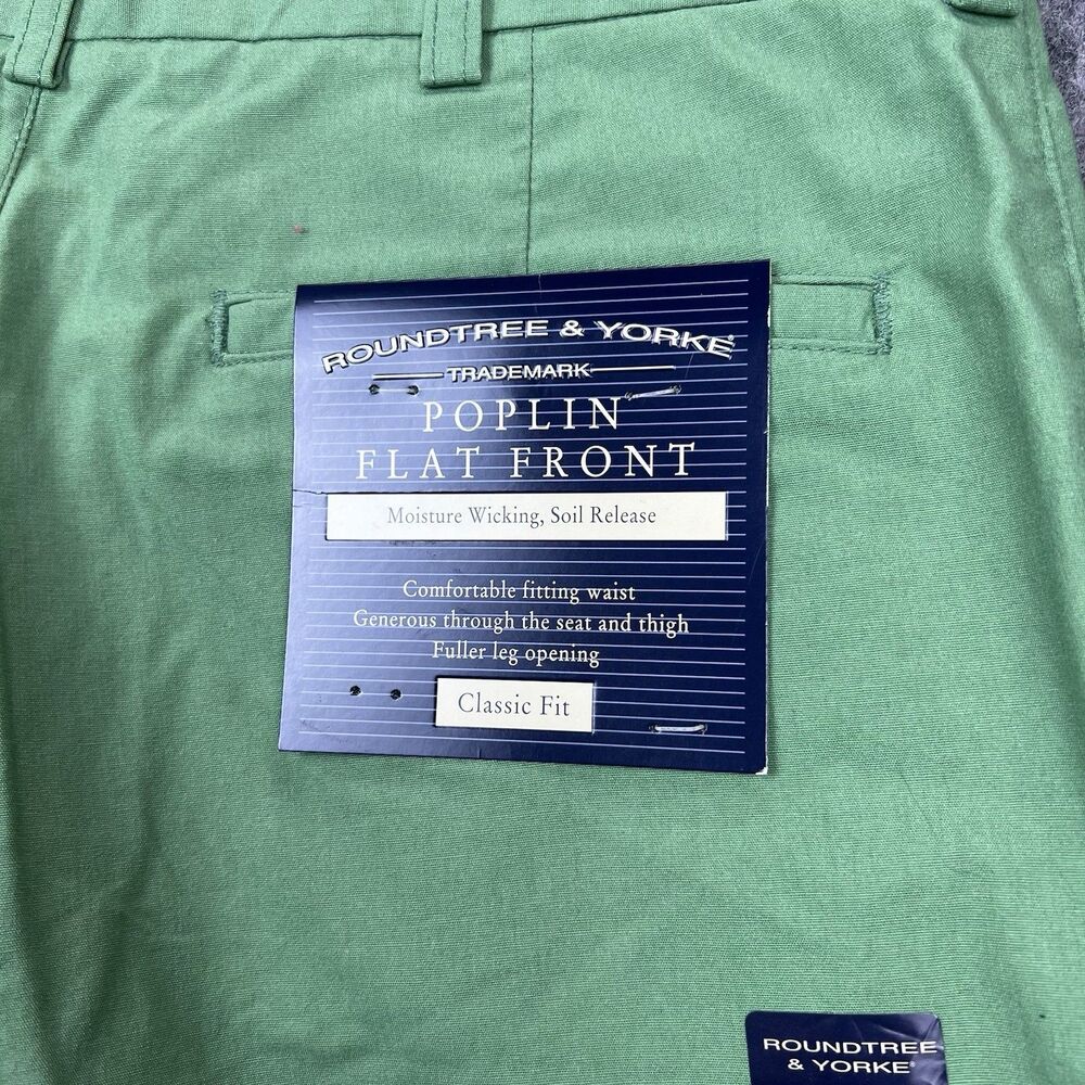 Roundtree & Yorke Men's Chino Pants Poplin Flat Front Green Classic Fit Sz 32x30 - Picture 8 of 12